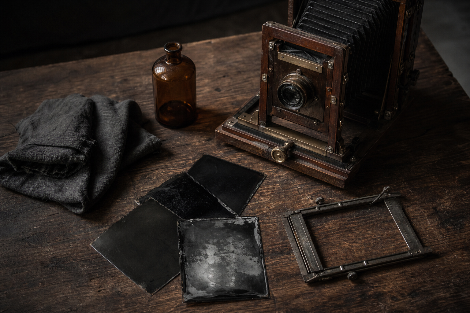 Concept image of a vintage bellows camera and dark tintype plates on a wooden worktable.